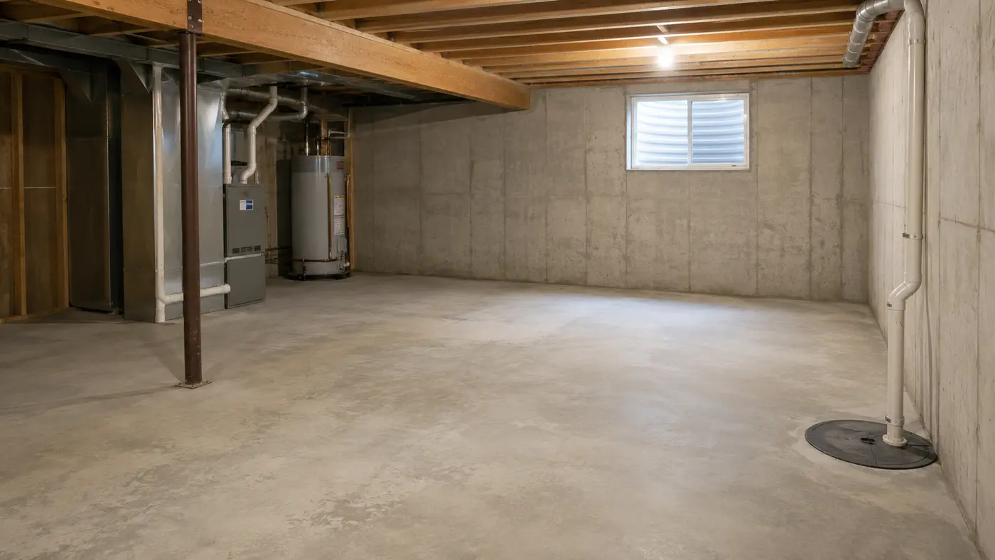 Unfinished basement with a bare slab and sump pit lid, the lowest livable level where a Sioux Falls radon test belongs