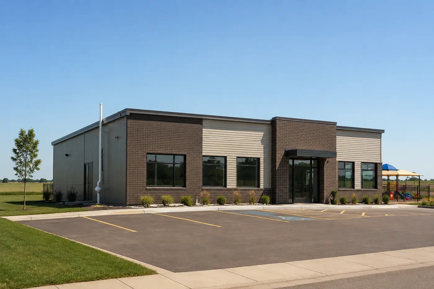 Single-story daycare building near Sioux Falls, the slab-on-grade type that commercial radon testing covers